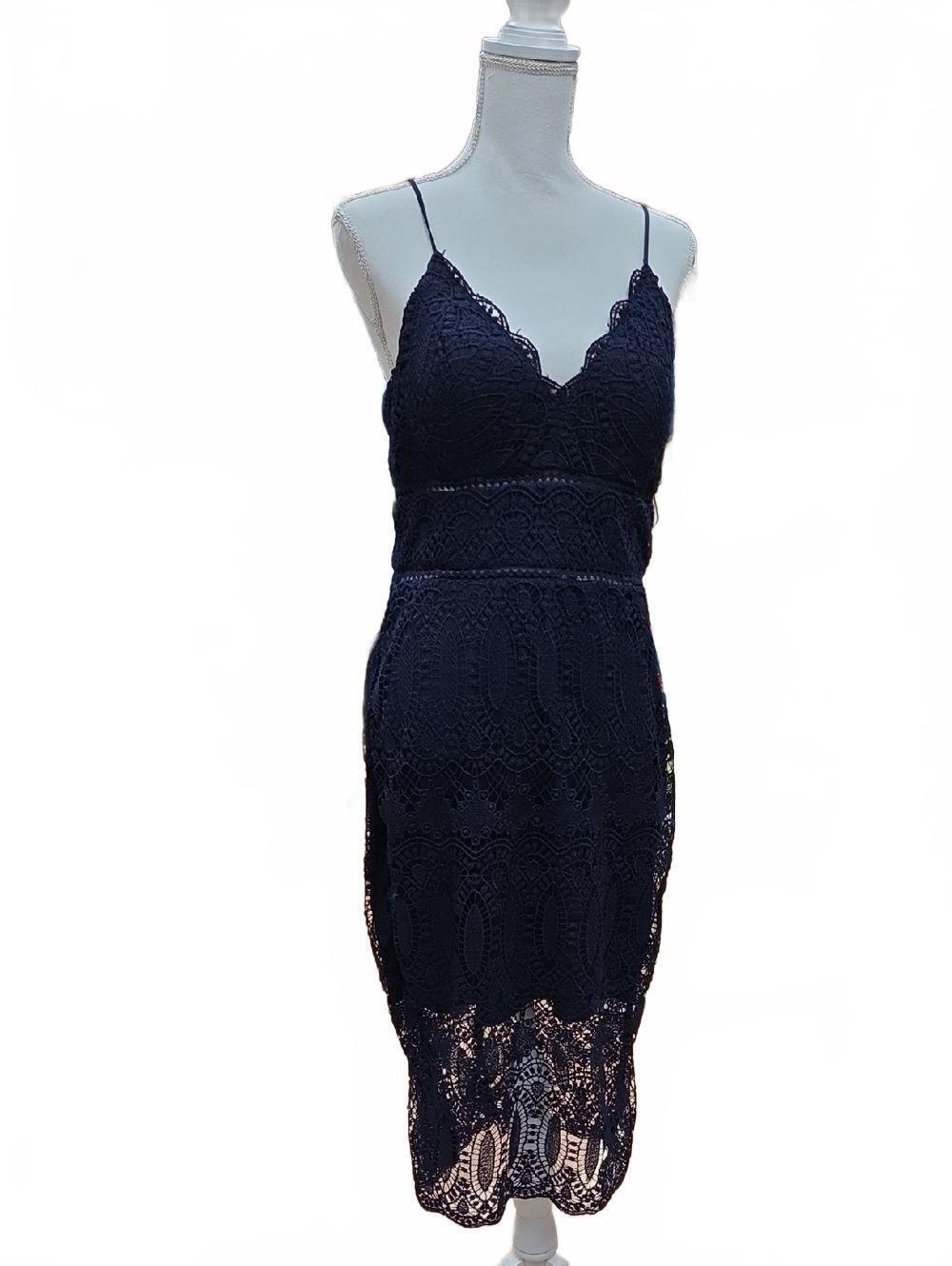 Premier Navy Elegant Crochet Lace Midi Dress with Spaghetti Straps. New 12 $74